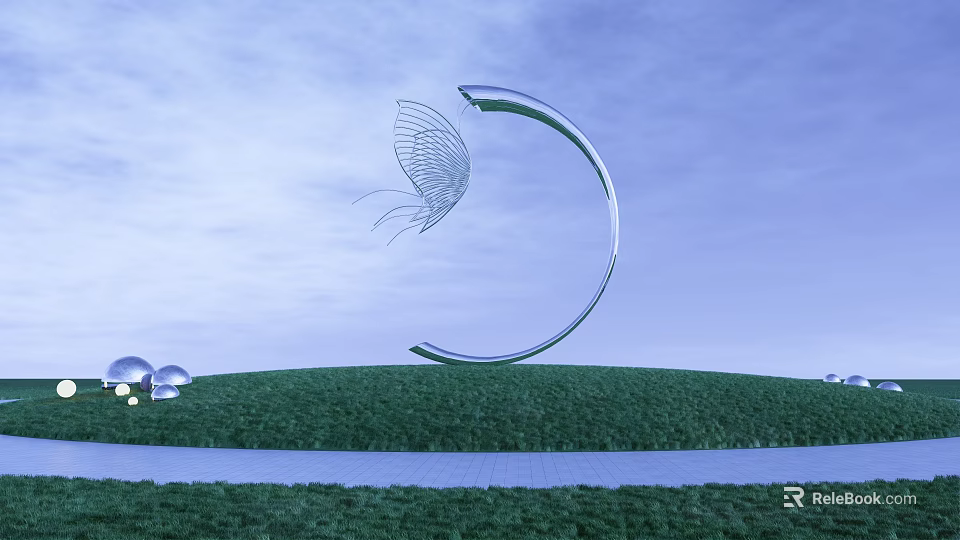 Garden Ornament Featuring Silver Crescent Sculpture With Butterfly Wing Structure On Green Grassy Hill 3d model 