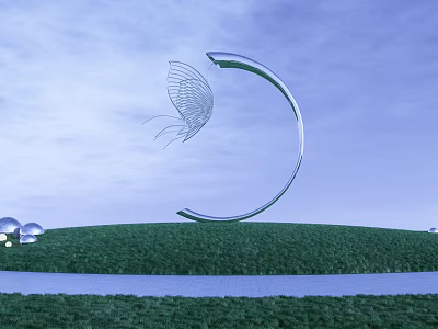 Garden Ornament Featuring Silver Crescent Sculpture With Butterfly Wing Structure On Green Grassy Hill 3d model