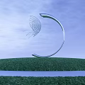Garden Ornament Featuring Silver Crescent Sculpture With Butterfly Wing Structure On Green Grassy Hill
