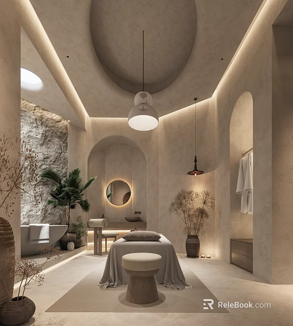 Modern Beauty Salon Interior With Arched Doorways Round Mirror Plants And Massage Bed 3d model 