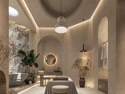 Modern Beauty Salon Interior With Arched Doorways Round Mirror Plants And Massage Bed 3d model