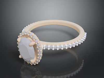 Fashionable Women Ring With Oval Gemstone And Beaded Decoration In Light Gold Setting 3d model