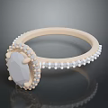Fashionable Women Ring With Oval Gemstone And Beaded Decoration In Light Gold Setting