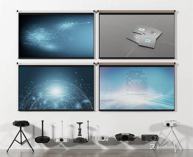 Projection Monitoring System With Multiple Screens Displaying Surveillance Content And Equipment 3d model 