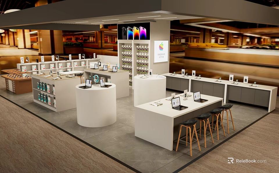 Modern Digital Store Interior with Smartphones Laptops and Accessories on Display Counters and Shelves 3d model 
