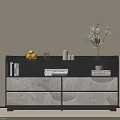 Entryway Cabinet Sideboard With Black White Design Yellow Fruits Glass Cup Candles Vase And Books