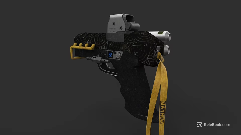 Tactical Pistol With Black Engraved Body Sight Yellow Accessory And TAKEDOWN Lanyard 3d model 