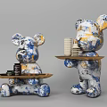 Bear Shaped Decorative Ornament Set Holding Trays With Blue White Yellow Splatter Pattern 3d model