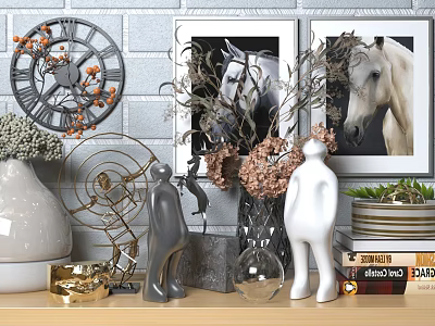 Elegant Decorative Ornaments Set Including Human Figurines Vase Dried Flowers Horse Prints And Metal Decor 3d model