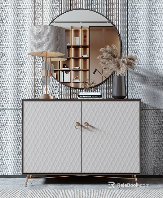 Modern Entryway Sideboard With Quilted Design Gold Handles Round Mirror And Pampas Vase 3d model 