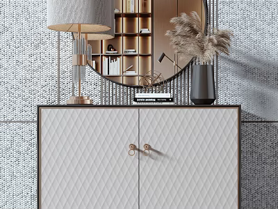 Modern Entryway Sideboard With Quilted Design Gold Handles Round Mirror And Pampas Vase 3d model