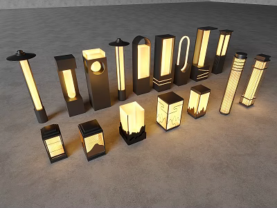 Modern Outdoor Lights In Various Contemporary Designs With Warm Illumination And Stylish Shapes 3d model