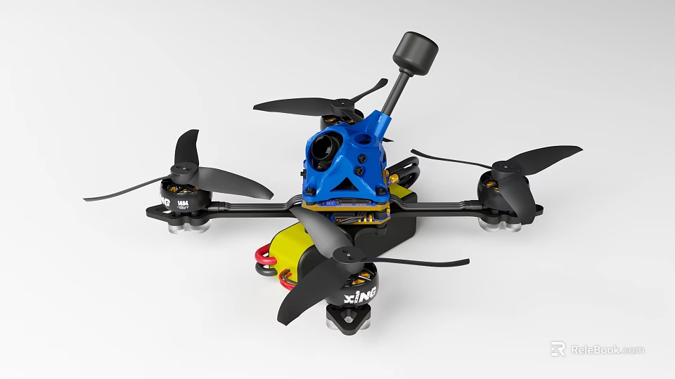 Blue Yellow Quadrotor Drone With Black Propellers Camera And Frame Structure 3d model