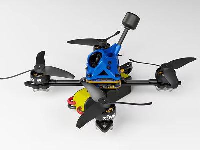 Blue Yellow Quadrotor Drone With Black Propellers Camera And Frame Structure 3d model