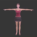 Woman in Red Tank Top and Black Skirt with Arms Outstretched Against Gray Background