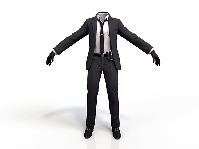 Man in Black Suit With White Shirt Tie Black Gloves and Waist Radio 3d model