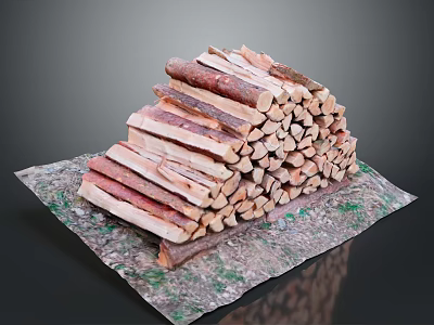 Neatly Stacked Wood Logs Arranged on Natural Textured Stone Mat Surface 3d model