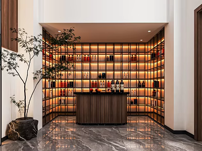 Elegant Modern Wine Cellar Interior With Illuminated Racks And Wooden Bar Counter 3d model