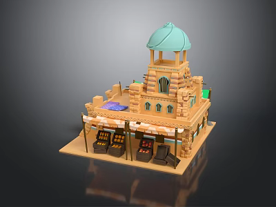 Model Building With Green Dome Tower Wooden Facade Shop Front Awnings And Display Counters 3d model