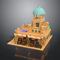 Model Building With Green Dome Tower Wooden Facade Shop Front Awnings And Display Counters