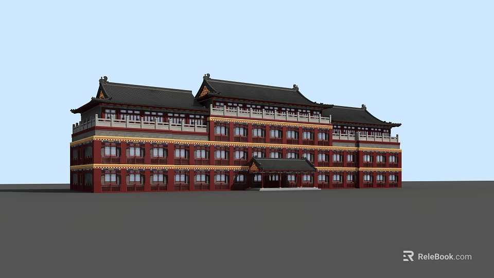 Traditional Style Office Building With Red Yellow Exterior Black Roof and Symmetrical Design 3d model 