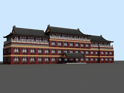 Traditional Style Office Building With Red Yellow Exterior Black Roof and Symmetrical Design 3d model