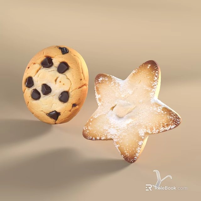 Freshly Baked Chocolate Chip Cookie And Star Shaped Powdered Sugar Butter Biscuits For Tea Time 3d model 