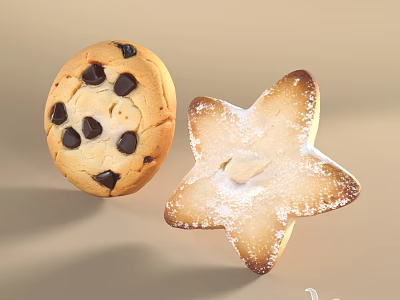 Freshly Baked Chocolate Chip Cookie And Star Shaped Powdered Sugar Butter Biscuits For Tea Time 3d model