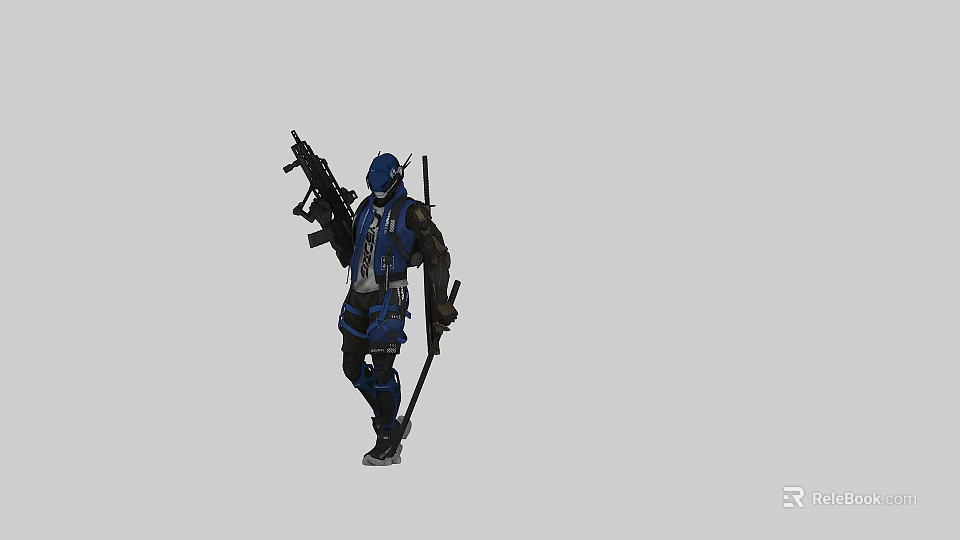 Man in Blue and Black Outfit Wearing Helmet Carrying Rifle and Sword 3d model 