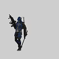 Man in Blue and Black Outfit Wearing Helmet Carrying Rifle and Sword