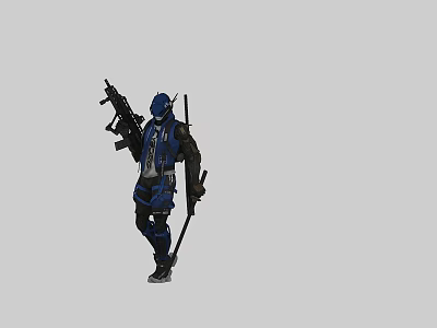 Man in Blue and Black Outfit Wearing Helmet Carrying Rifle and Sword 3d model