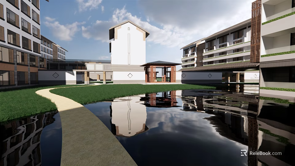 Traditional Modern Hotel Building With Courtyard Pond Green Lawn And Reflective Water 3d model 
