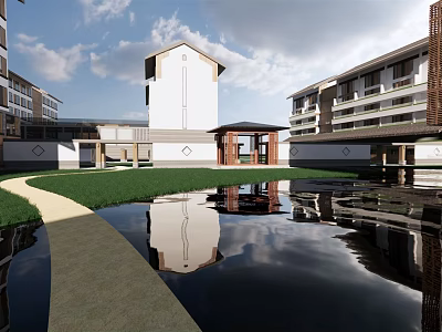 Traditional Modern Hotel Building With Courtyard Pond Green Lawn And Reflective Water 3d model