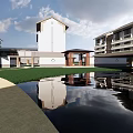 Traditional Modern Hotel Building With Courtyard Pond Green Lawn And Reflective Water