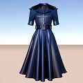 Elegant Blue Dress With Short Sleeves Black Collar Black Belt And A line Skirt