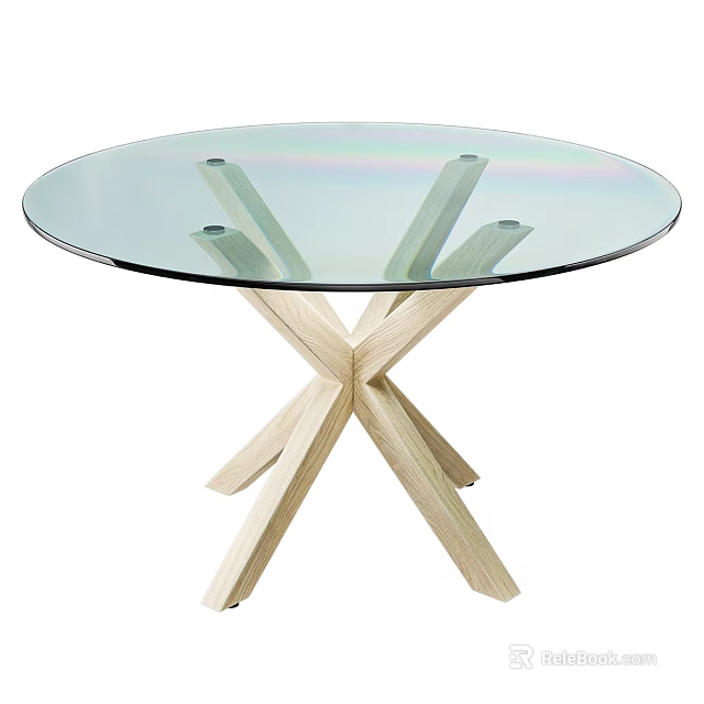 Modern Round Functional Table With Glass Top And Wooden Cross Base 3d model 