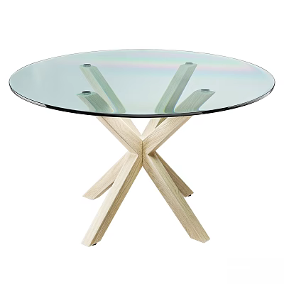 Modern Round Functional Table With Glass Top And Wooden Cross Base 3d model