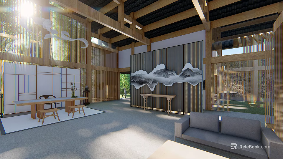 Contemporary Hotel Lobby Interior With Elegant Sofa And Decorative Wall Art 3d model 
