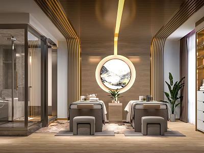 Modern Luxury SPA Sauna Space With Wooden Decor Circular Art Massage Beds And Green Plants 3d model