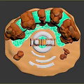 Cartoon Style Scenic Landscape With Orange Rocks Green Water Streams And Central Golden Structure