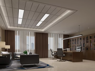 Modern Office Interior Design With Ceiling Lights Sofa Area Wooden Desk And Bookshelves 3d model