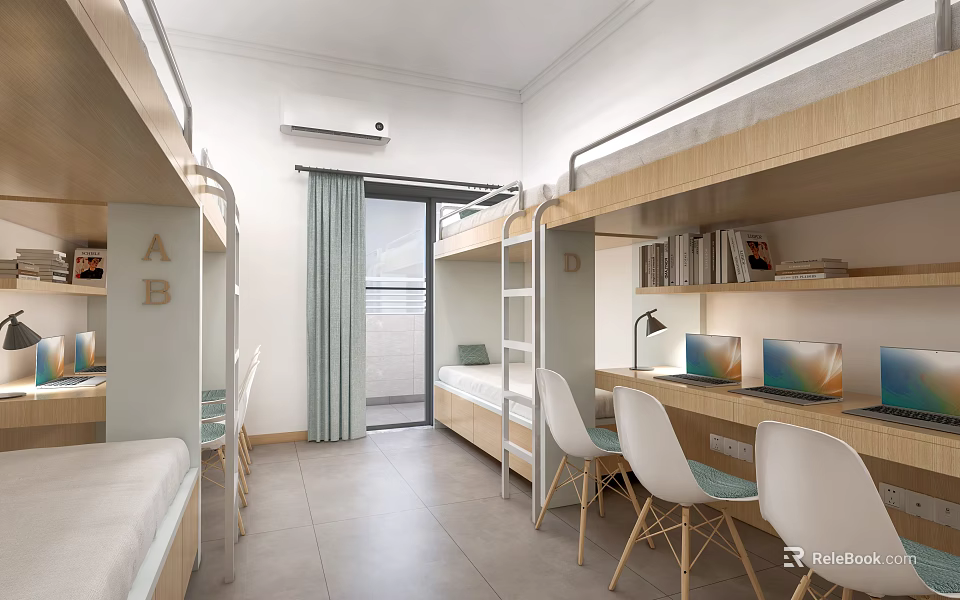 School Dormitory Room With Bunk Beds Study Desks Laptops And Bookshelves 3d model 
