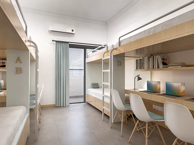 School Dormitory Room With Bunk Beds Study Desks Laptops And Bookshelves 3d model