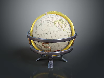 Vintage Globe With Yellow Ring Metal Stand And Geographic Map Details 3d model