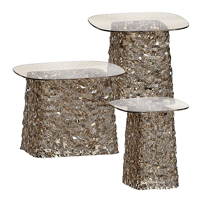 Decorative Shell Encrusted Tables With Clear Glass Tops And Unique Pedestal Design 3d model