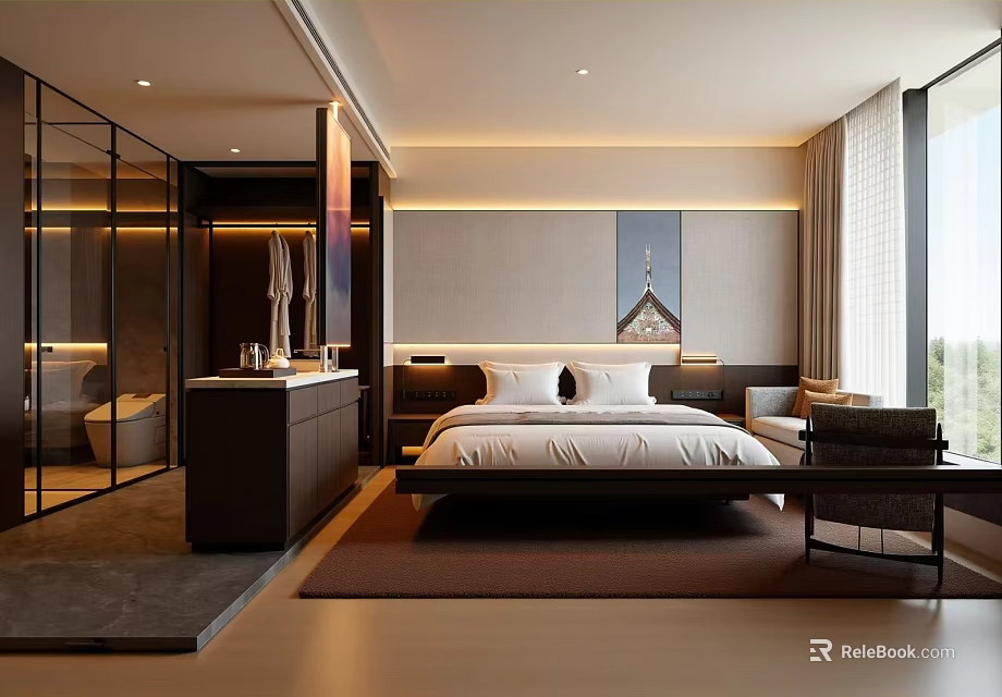Modern Hotel Guest Room Featuring King Size Bed Floor to Ceiling Windows and Bathroom 3d model 