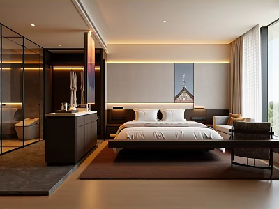 Modern Hotel Guest Room Featuring King Size Bed Floor to Ceiling Windows and Bathroom 3d model