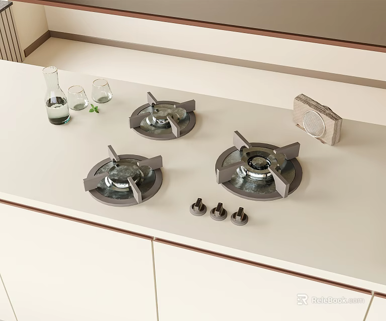 White Kitchen Countertop With Three Gas Stove Burners Knobs Water Bottle And Light Cabinets 3d model 