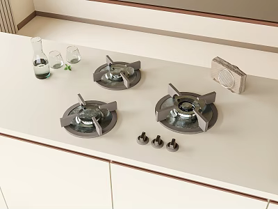 White Kitchen Countertop With Three Gas Stove Burners Knobs Water Bottle And Light Cabinets 3d model