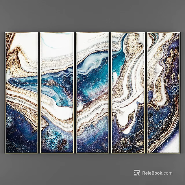 Modern Five Panel Picture Frames with Abstract Blue White Gold Marble Texture 3d model 
